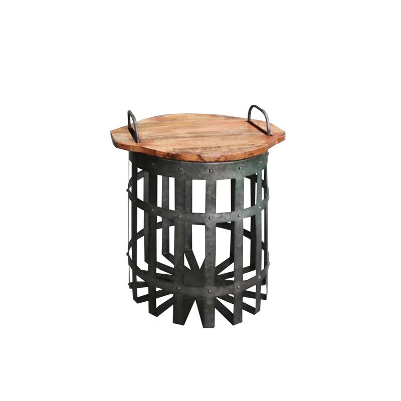 Industrial Grid Galvanized Accent Side End Table with Round Lid and Handles, Set of 2, Gray and Brown