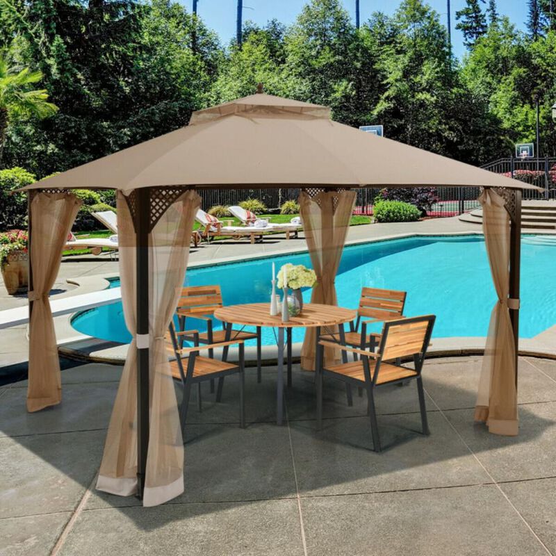 Hivvago 12 x 10 Feet Outdoor Double Top Patio Gazebo with Netting