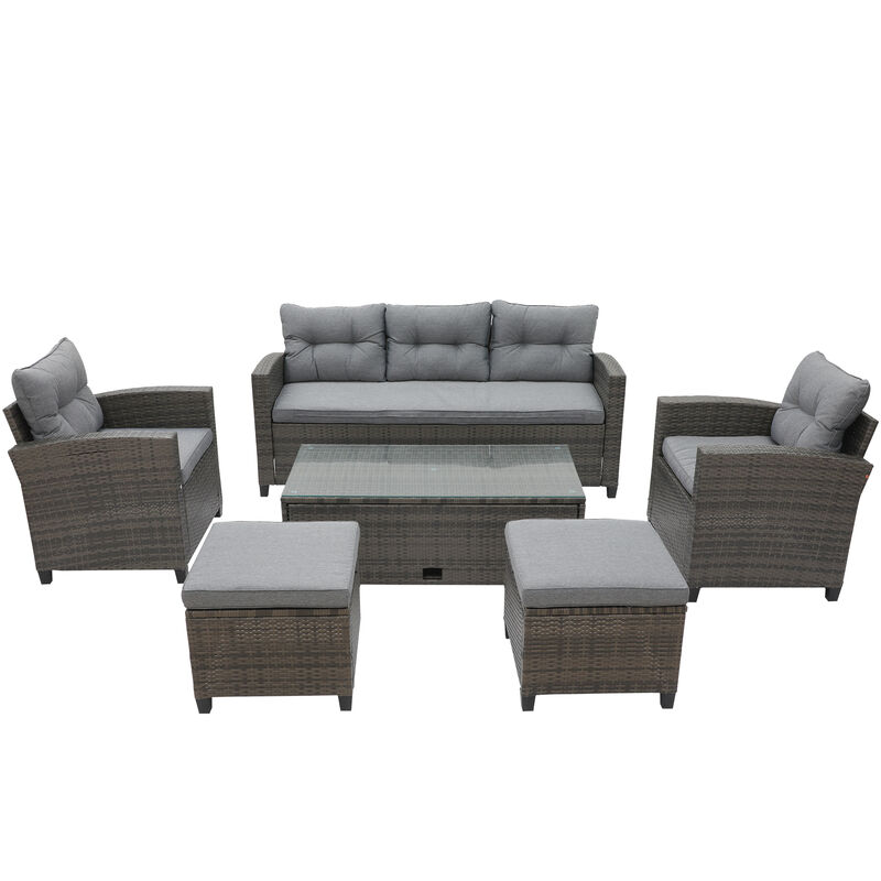 MONDAWE 6-Piece Patio Conversation Set with Brown Rattan Wicker & Gray Cushion Coffee Table & Two Ottoman