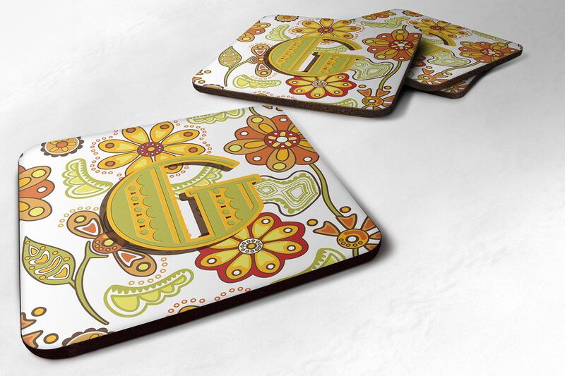 Caroline's Treasures CJ2003-GFC Letter G Floral Mustard and Green Foam Coasters (Set of 4), 3.5, Multicolor