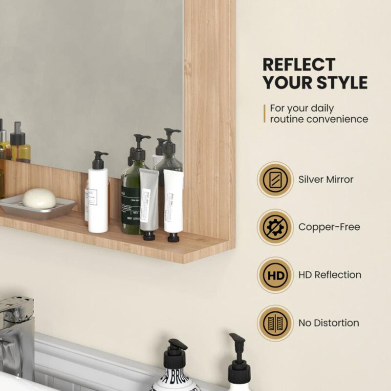 Hivvago Rectangle Bathroom Mirror with Shelf and Wood Frame