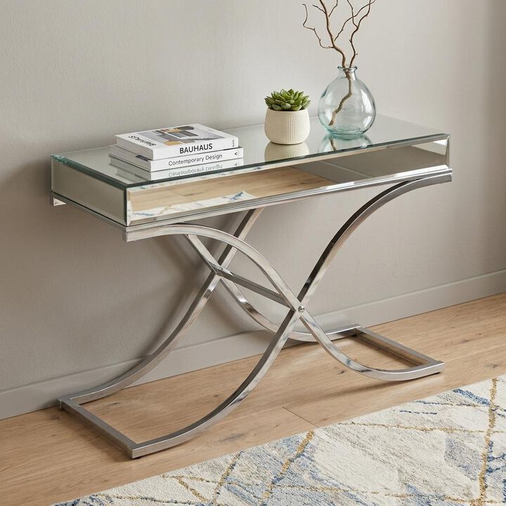 HomeRoots 42" Silver Mirrored Glass and Metal Cross Leg Console Table