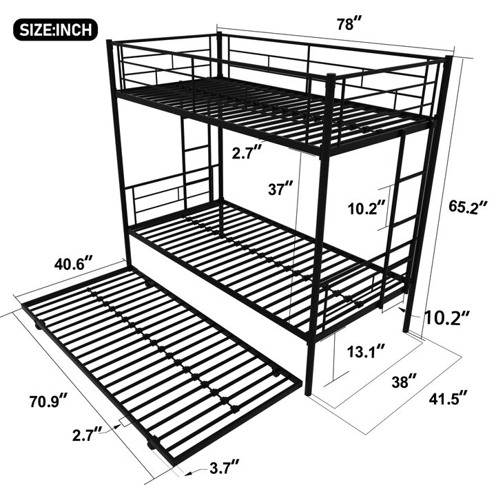 Twin Over Twin Metal Bunk Bed Frame with Trundle（Upgrade reinforcement version）