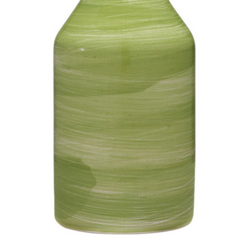 Table Lamp with Drum Shade and Ceramic Swirl Design Base, Green-Benzara