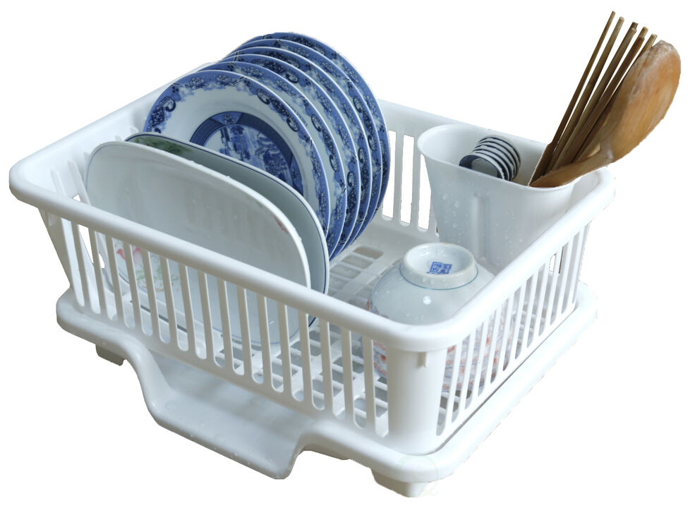 Plastic Dish Rack with Drain Board and Utensil Cup