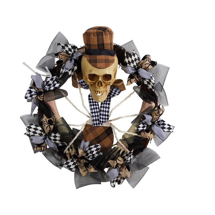HomPlanti 24" Halloween Skull in Plaid Mesh Wreath