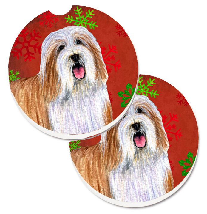 Caroline's Treasures Bearded Collie Red & green Snowflakes Holiday Christmas Set of 2 Cup Holder Car Coasters LH9330CARC, 2.56, Multicolor