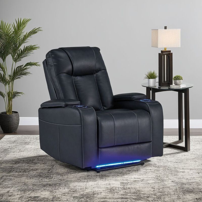 Callum Power Recliner Chair, Adjustable Headrest, Black Faux Leather - Benzara