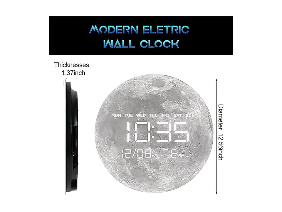 Digital Wall Clock LED Moon Earth Design Temperature 7 X 8 Inch 13 Inch