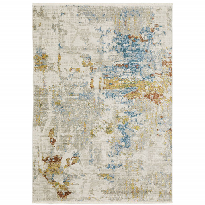 4 X 6 Beige grey gold Blue Rust And Teal Abstract Power Loom Stain Resistant Area Rug With Fringe