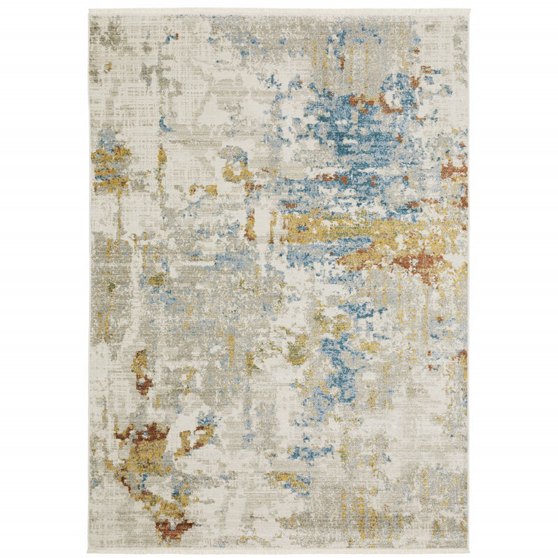 4 X 6 Beige grey gold Blue Rust And Teal Abstract Power Loom Stain Resistant Area Rug With Fringe image number 0
