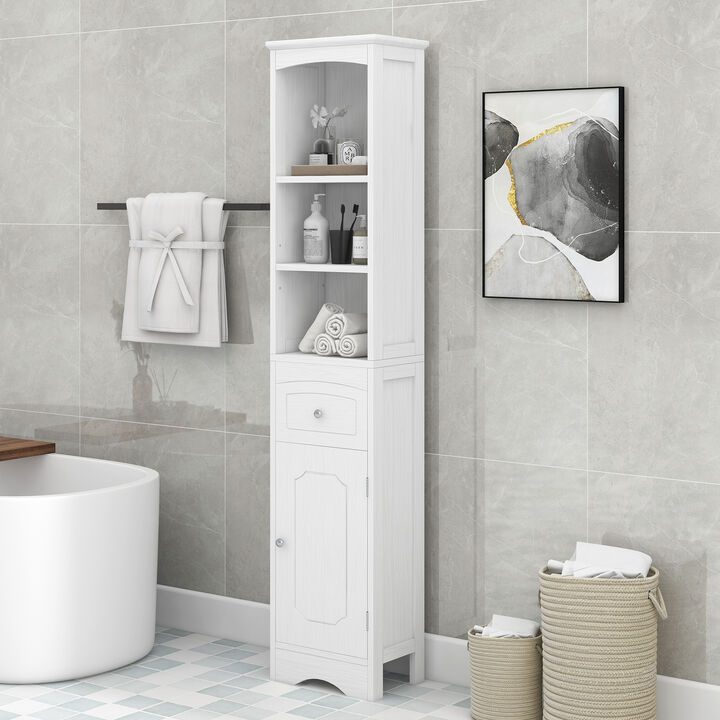Whisen Verticle Bathroom Cabinet, Freestanding Storage Cabinet with Drawer and Adjustable Shelves