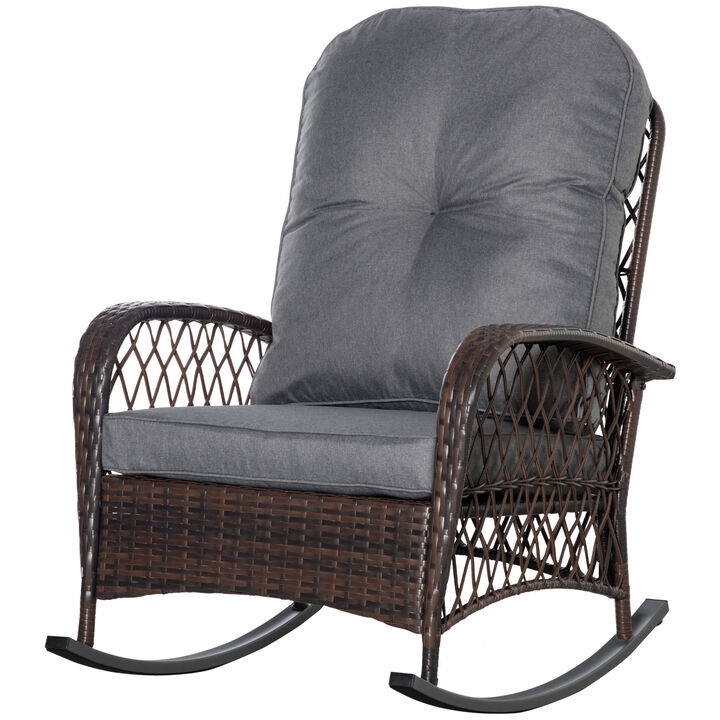 Outsunny Outdoor Wicker Rocking Chair with Wide Seat, Thick, Soft Cushion, Rattan Rocker w/Steel Frame, High Weight Capacity for Patio, Garden, Backyard, Grey