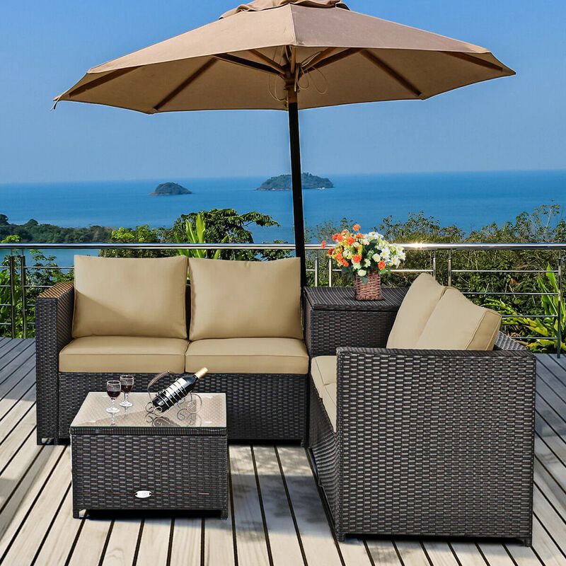 Mondawe 4 Pieces Outdoor Patio Rattan Furniture Set with Loveseat and Storage Box