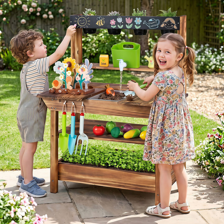 Kids Outdoor Mud Kitchen with Faucet and Planter for Ages 3+