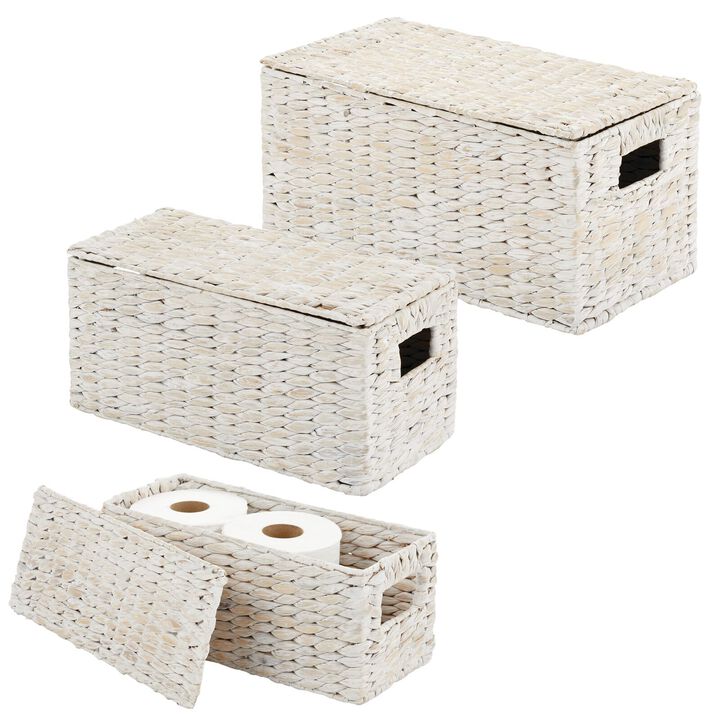 mDesign Woven Water Hyacinth Storage Basket with Lid/Handles, Set of 3 - Gray