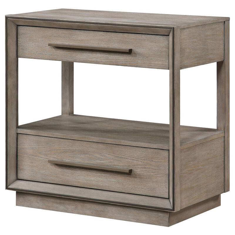 Lyni Nightstand, 2 Storage Drawers, Open Shelf, Washed Oak Brown - Benzara