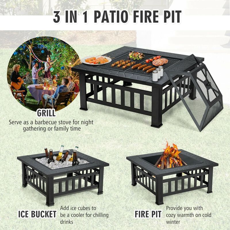Mondawe 32" 3-in-1 Fire Pit Table - BBQ Grill & Rain Cover Included
