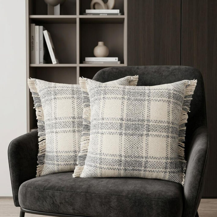 HomeRoots Set of Two 20" Off White And Gray Plaid Cotton Throw Pillows with Fringe