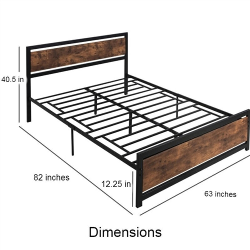 Rustic Farmhouse Metal and Wood Platform Bed – Headboard and Footboard with Strong Slat Support