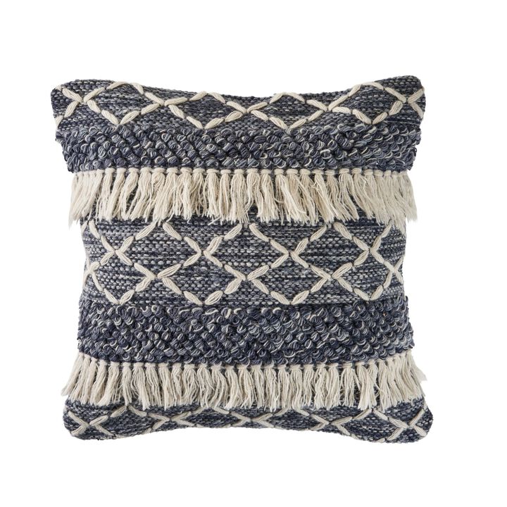 20" Navy Blue and Off White Textured with Fringe Square Throw Pillow