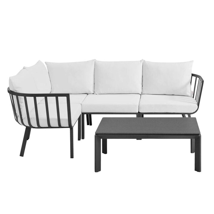 Riverside Outdoor Patio Aluminum Sectional & Coffee Table Set - Coastal Style, UV-Resistant Cushions, Powder-Coated Frame. Includes 1 Coffee Table, 1 Armless Chair, 3 Corner Chairs.