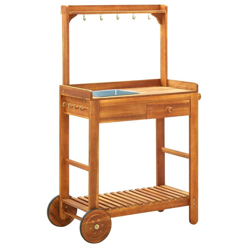 Outdoor Rolling Garden Cart on Wheels, Multi Purpose w Tray, Brown - Benzara