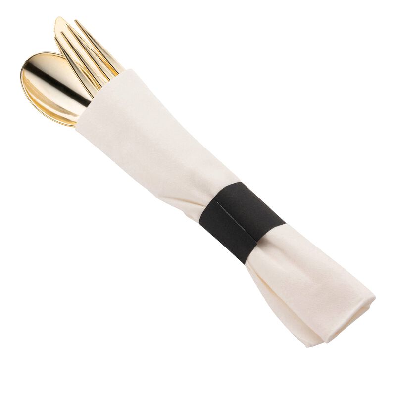 Gold Plastic Cutlery in White Napkin Rolls Set (100 Sets) image number 0