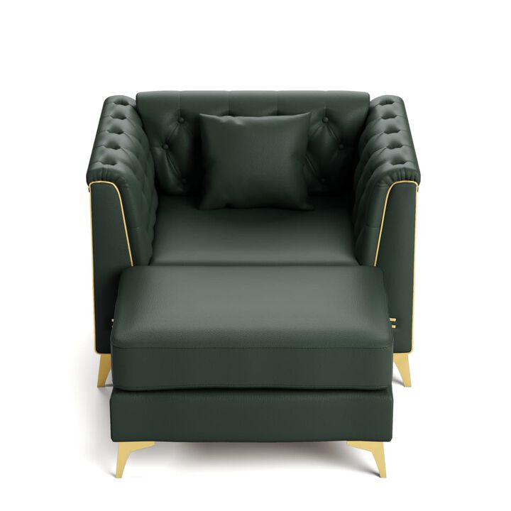 Modular Chesterfield Sofa Chair with Ottoman, Faux Leather Tufted Seating for Apartment, Metal Trim Arms and Tapered Legs