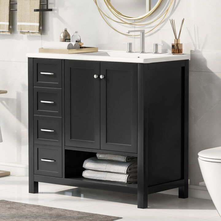 Merax Freestanding Bathroom Vanity with Ceramic Basin (3 Faucet Holes), Two-Door Cabinet & Drawers