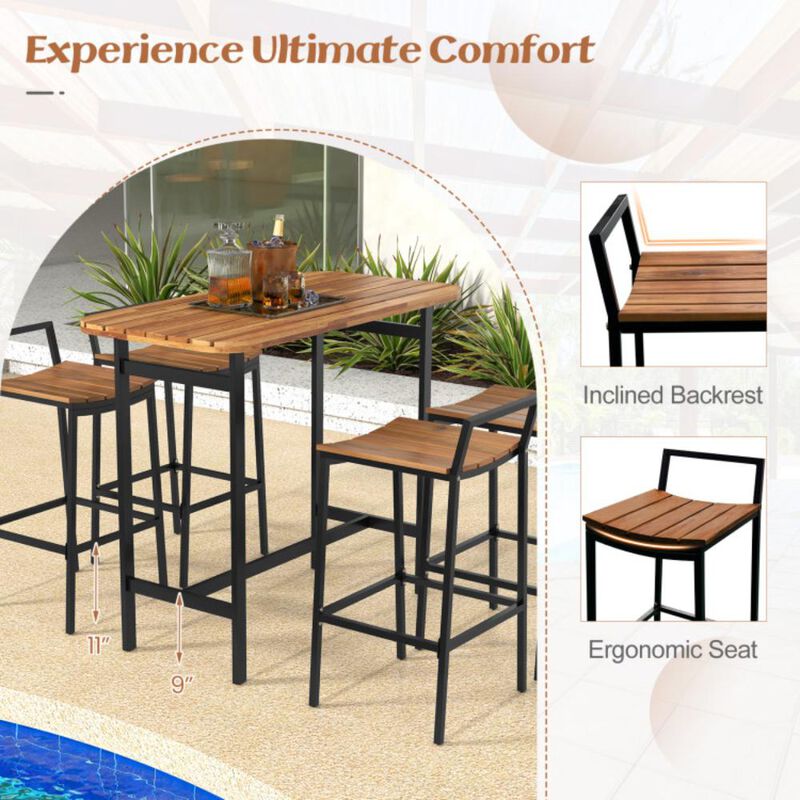 Hivvago 5 Piece Acacia Wood Bar Table Set Bar Height Table and Chairs with Metal Frame and Footrest