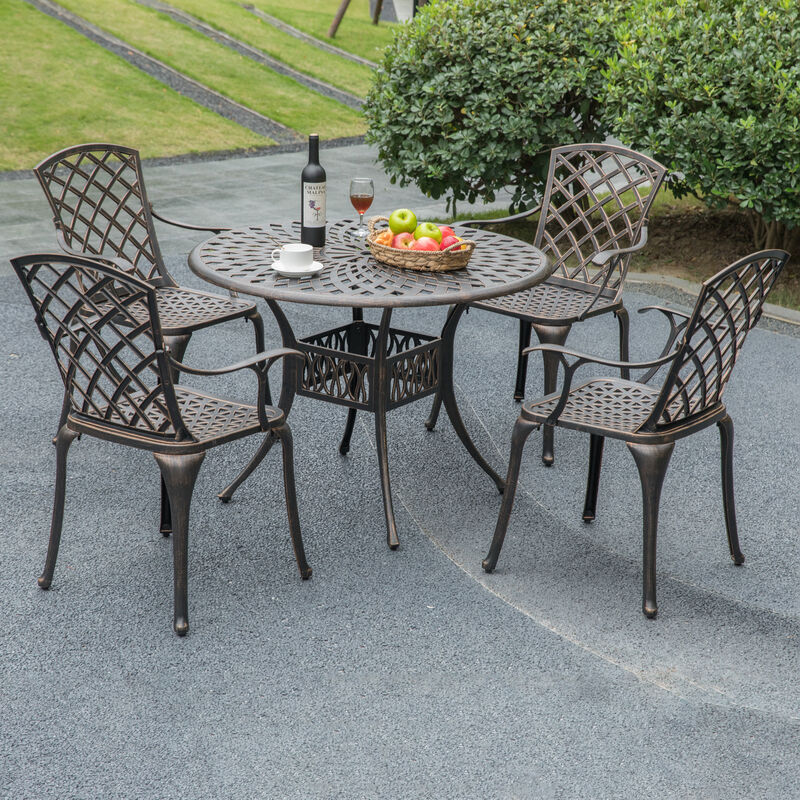Outdoor and Indoor Bronze Dinning Set 4 Chairs with 1 Table Bistro Patio Cast Aluminum.