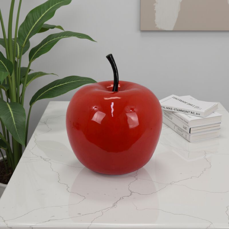 Masu Tabletop Accent Decor, 16 Inch Apple Design Glossy Red Resin Body - Benzara