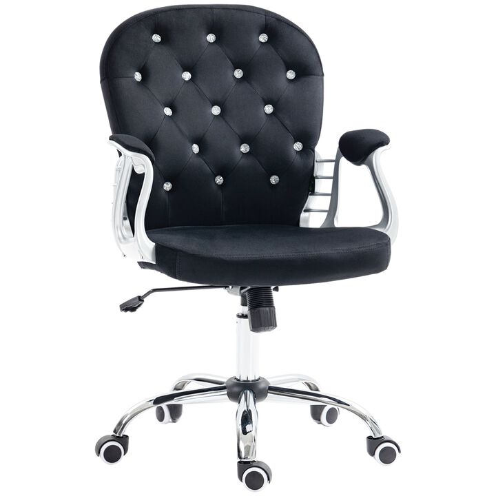 Velvet Home Office Chair, Button Tufted Desk Chair with Padded Armrests, Adjustable Height and Swivel Wheels, Black