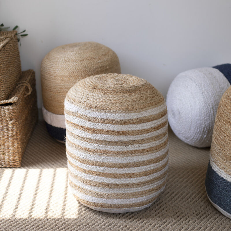 Hivvago 18 Inch Off White And Navy Blue Jute Blend Cylinder Striped Pouf Ottoman