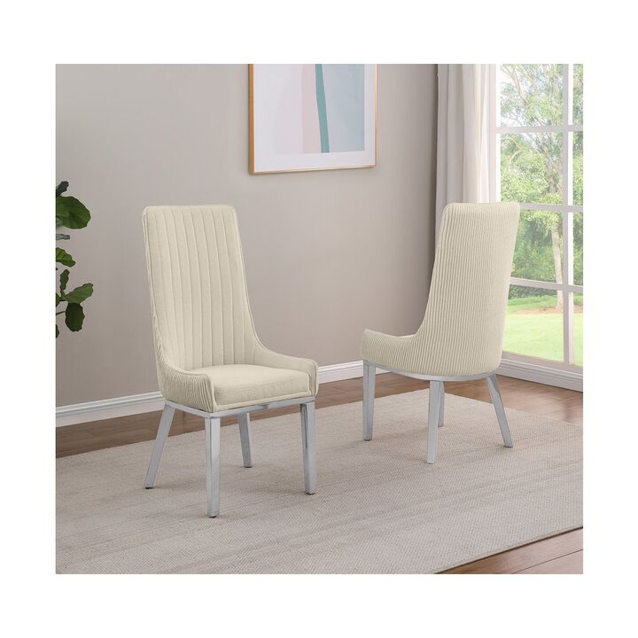 Best Quality Furniture Cream, Teddy Fabric, Pleated Back Side Chair With Silver Base, Set Of Two