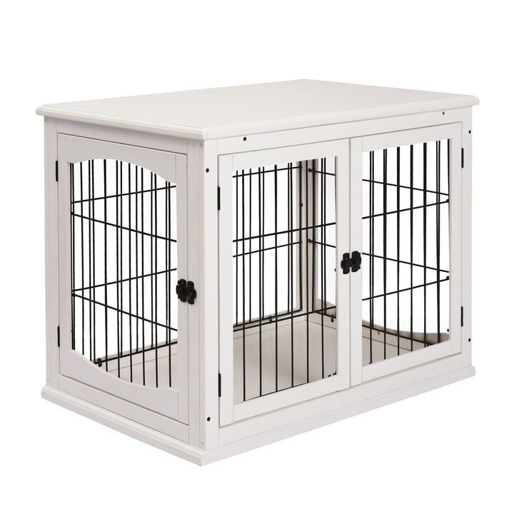 White Pet Furniture: 26" Wooden Dog Crate End Table with Doors