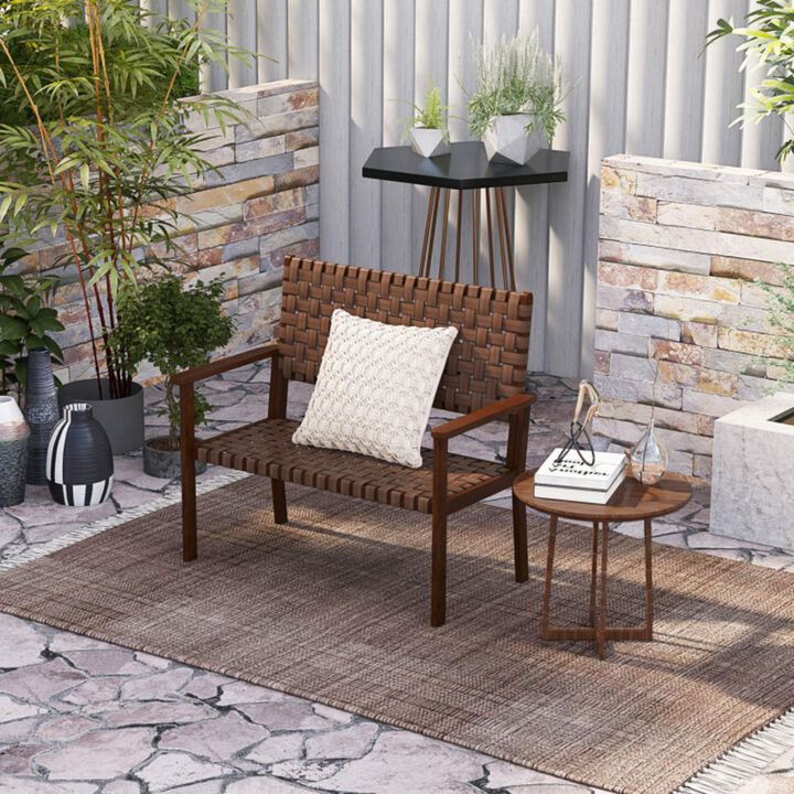 Hivvago Outdoor All Weather Bench with Solid Rubber Wood Frame and Hand Woven PU Leather-Brown