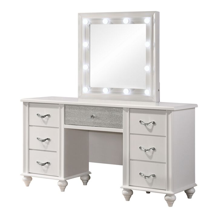 Dini 62 Inch 7 Drawer Vanity Desk with LED Lighted Mirror, Classic White - Benzara