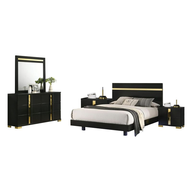 Yoki 5pc Queen Bedroom Set w Underbed LED, Black and Gold, 2 Nightstands image number 0