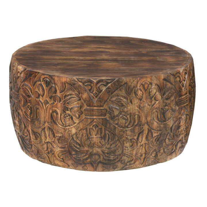 Rea 34 Inch Handcrafted Mango Wood Coffee Table, Round Drum Shape, Carved Damask Pattern, Walnut Brown