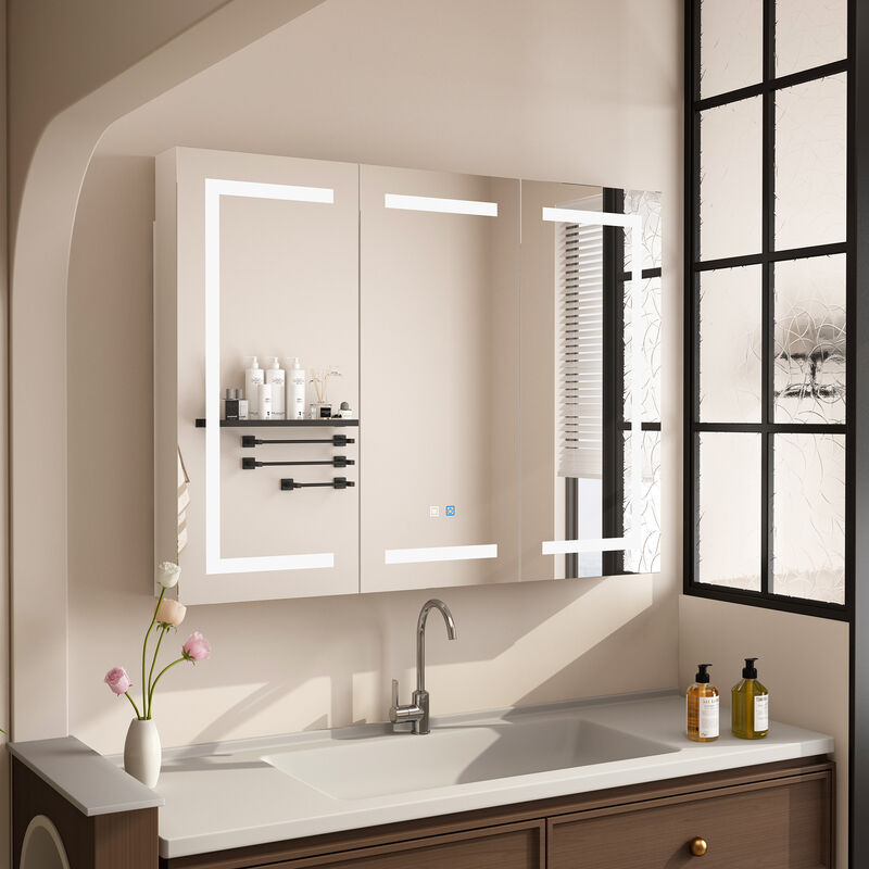 FUFU&GAGA LED Bathroom Mirror Cabinet with Independent Defogging and Adjustable Shelves (47.2" W x 35.4" H x 15.7" D), White