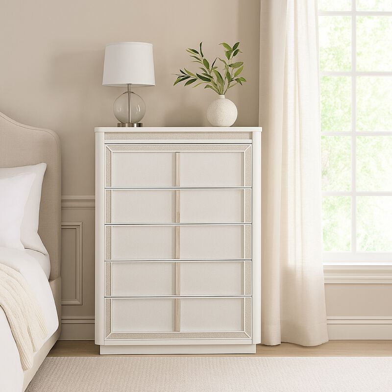 Canaal Tall Dresser Chest, 5 Drawer, White Finish 58 Inch, LED Light