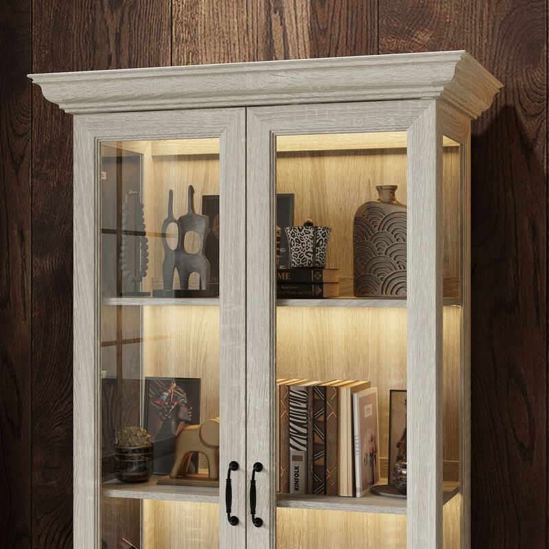 FUFU&GAGA Tall Glass Display Cabinet with LED Strip Light (37" W x 18.5" D x 69.3" H), Saw-Cut Gray Oak Finish