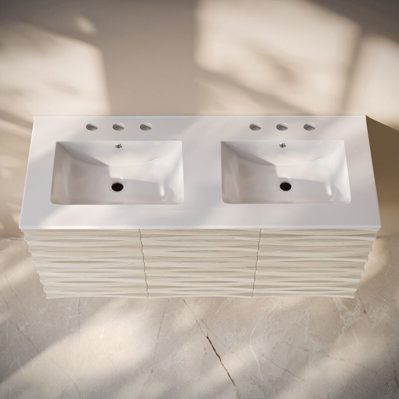 48" Wall-Mounted Bathroom Vanity, 3-Hole Widespread Double Basin Sink Top image number 3