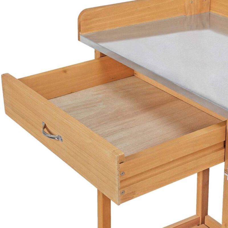 QuikFurn Natural Fir Wood Potting Bench with Galvanized Steel Table Top
