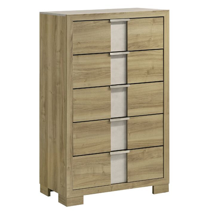 Amey Tall Dresser Chest with 5 Drawers, White Trim and Driftwood Brown Finish