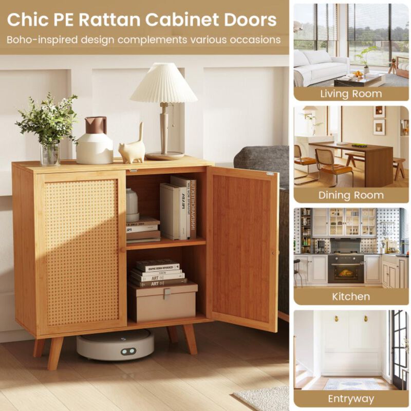 Hivvago Bamboo Buffet Storage Cabinet with PE Rattan Doors and Freestanding Kitchen Cupboard