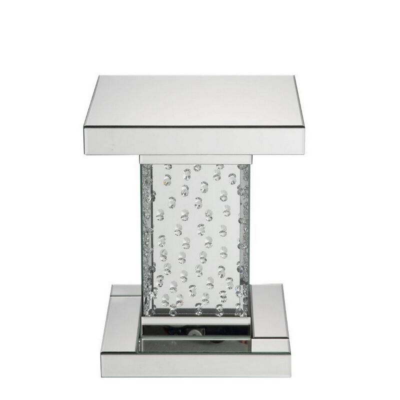 Pali 20 Inch Square Pedestal End Table, Mirrored, Faux Crystal Inlay, Silver-Benzara