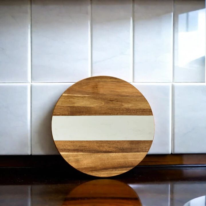 White Marble and Acacia Wood Round Board - 11"